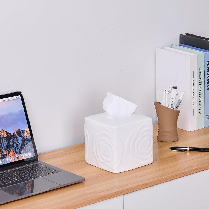 EtooCafe White Ceramic Rose Tissue Box Cover, Carved Flowers Large Square Tissue Box Holder Decorative for Bathroom, Vanity, Kitchen Countertop, Bedroom Night Stands, Office Desk Top - Image 5
